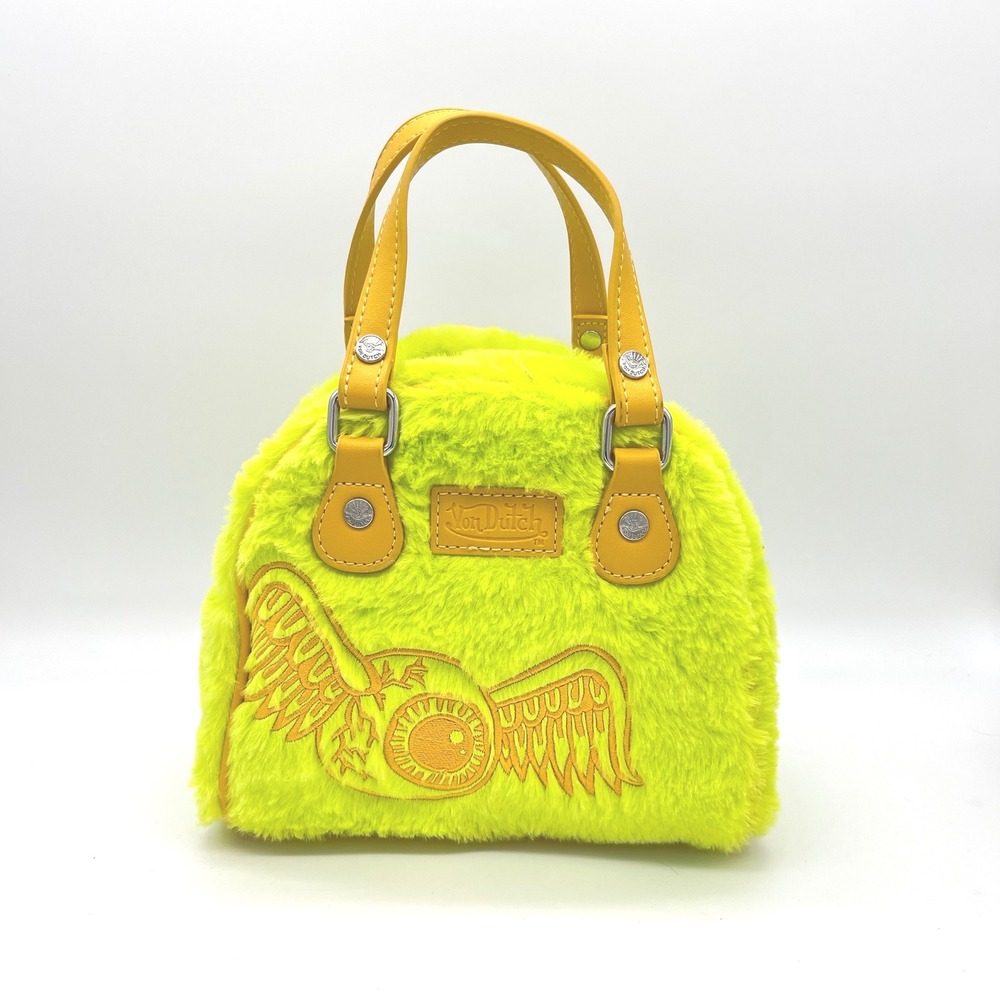 Von Dutch Neon Yellow Faux Fur Satchel with Yellow Trim